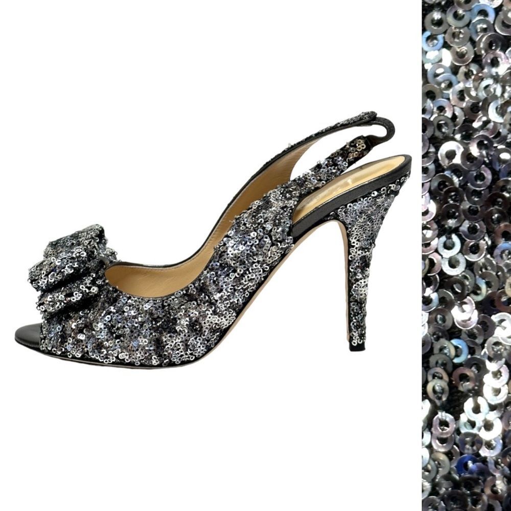 KATE SPADE Charm Micro Sequin Silver Slingback Pumps Heels Peep Toe Bow 8